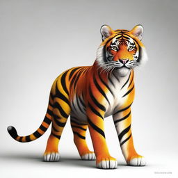 A striking hybrid figure, half-human and half-tiger, with a body that flawlessly merges human features with the striped orange fur and savage grace of a tiger