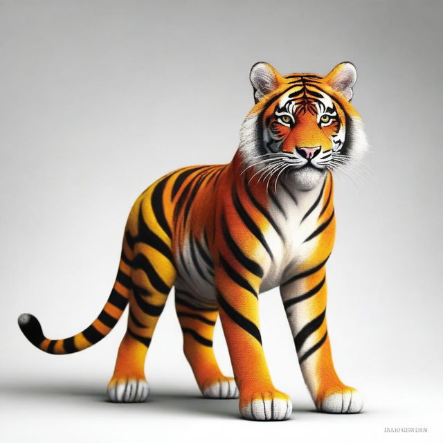 A striking hybrid figure, half-human and half-tiger, with a body that flawlessly merges human features with the striped orange fur and savage grace of a tiger