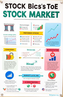 An informative and visually appealing educational poster on the basics of the stock market, featuring a colorful and engaging design