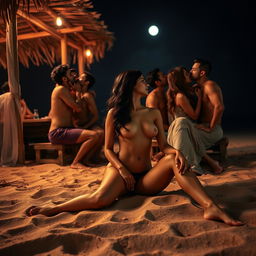 A beautiful and artistic depiction of a night scene at a beach shack, featuring a stunning Pakistani woman with long legs, posed tastefully in a nude setting