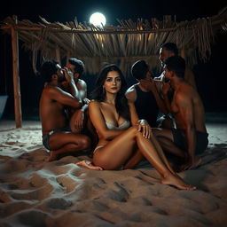 A visually striking and evocative scene depicting a beautiful Pakistani woman with long legs, sitting gracefully on the warm sand of a beach shack at night