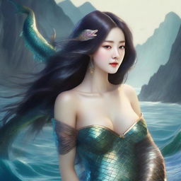 A rugged fisherman gazing in awe at a mesmerizing mermaid sporting exquisite Korean features, her beauty accentuated by glittering scales and flowing hair