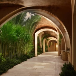 Design a corridor with an open garden area in a royal style