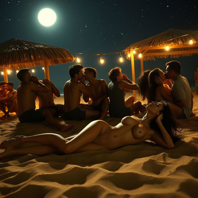 An artistic and intimate depiction of a scene at a beach shack under a starry night sky, featuring a striking Pakistani woman with long legs, tastefully portrayed in a nude setting