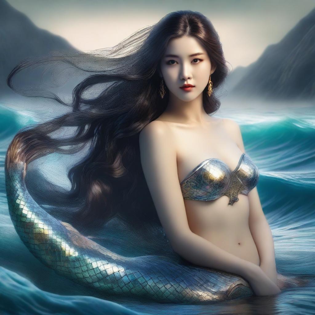 A rugged fisherman gazing in awe at a mesmerizing mermaid sporting exquisite Korean features, her beauty accentuated by glittering scales and flowing hair