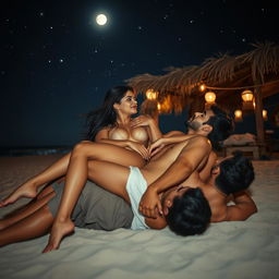 An evocative and artful scene set at a beach shack under the shimmering stars of a night sky, showcasing a captivating young Pakistani woman with long legs, portrayed in a tasteful nude form