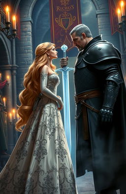 A dramatic scene featuring Princess Esme, a beautiful and courageous woman with flowing golden hair wearing an elegant, ornate gown adorned with intricate embroidery