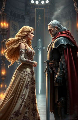 A dramatic scene featuring Princess Esme, a beautiful and courageous woman with flowing golden hair wearing an elegant, ornate gown adorned with intricate embroidery