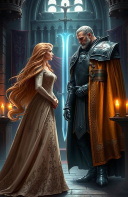 A dramatic scene featuring Princess Esme, a beautiful and courageous woman with flowing golden hair wearing an elegant, ornate gown adorned with intricate embroidery