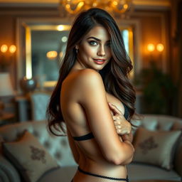 A hot and attractive female model posing seductively in a luxurious setting