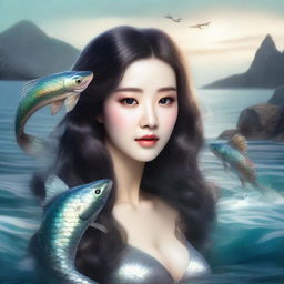 A rugged fisherman gazing in awe at a mesmerizing mermaid sporting exquisite Korean features, her beauty accentuated by glittering scales and flowing hair