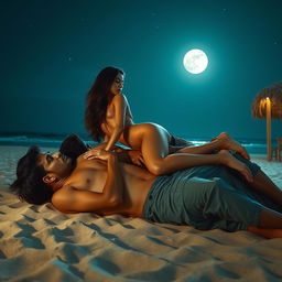 An artistic and evocative portrayal of a scene set at a beach shack under the stars, featuring a stunning Pakistani woman with long legs, gracefully positioned in a nude form