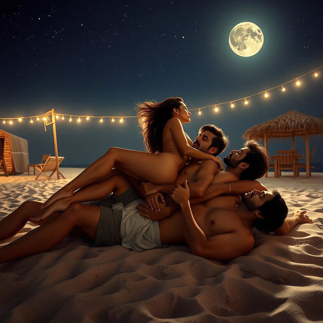 An artistic and evocative portrayal of a scene set at a beach shack under the stars, featuring a stunning Pakistani woman with long legs, gracefully positioned in a nude form