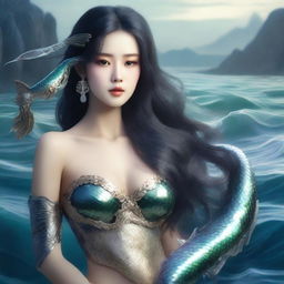 A rugged fisherman gazing in awe at a mesmerizing mermaid sporting exquisite Korean features, her beauty accentuated by glittering scales and flowing hair