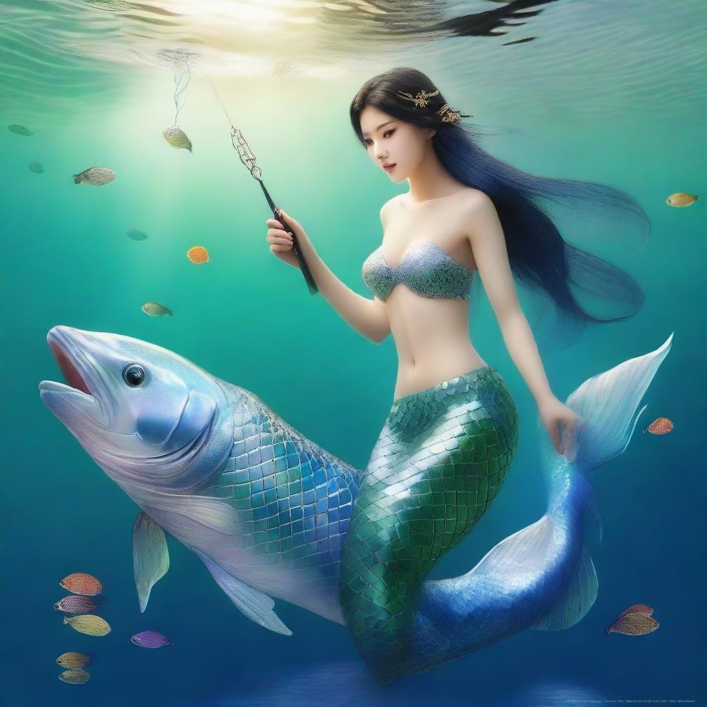 An angler surprisingly reeling in a catch of a lifetime - a captivating mermaid with strikingly beautiful Korean features, shimmering scales, and a graceful aquatic aura