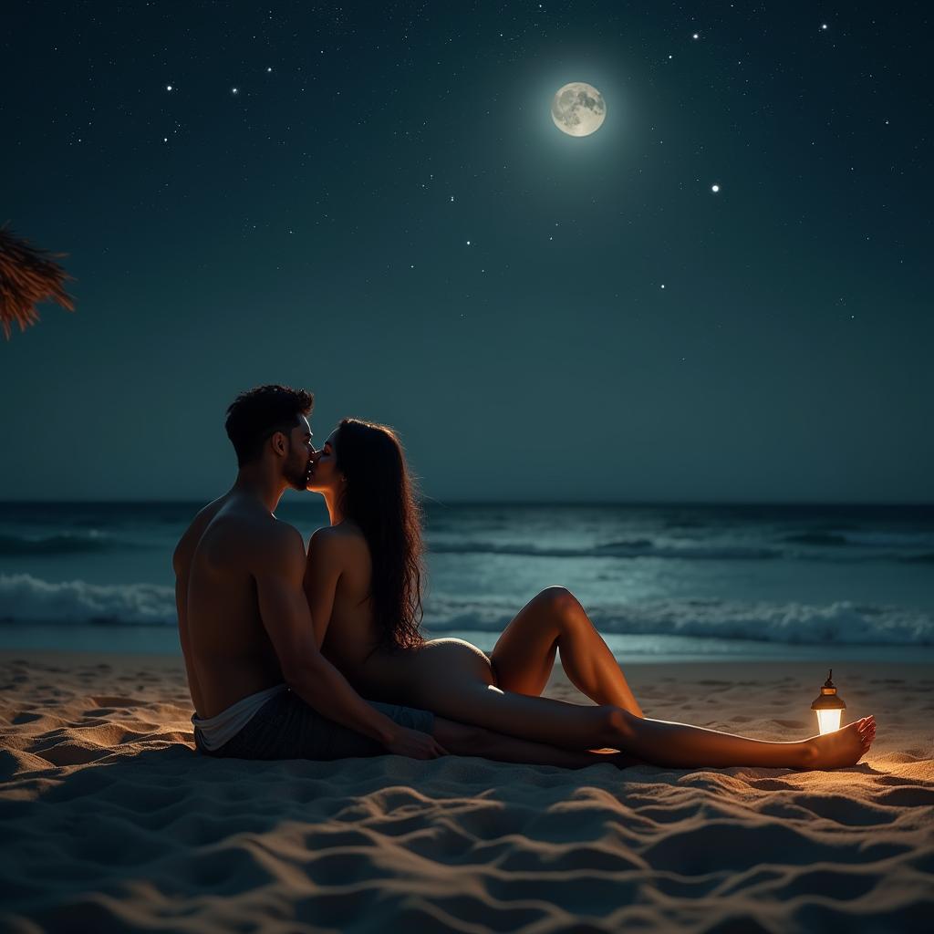 An artistic and intimate scene set at a beach shack under a starlit sky, featuring a beautiful Pakistani woman with long legs, tastefully depicted in a nude form