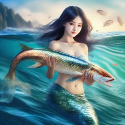 An angler surprisingly reeling in a catch of a lifetime - a captivating mermaid with strikingly beautiful Korean features, shimmering scales, and a graceful aquatic aura