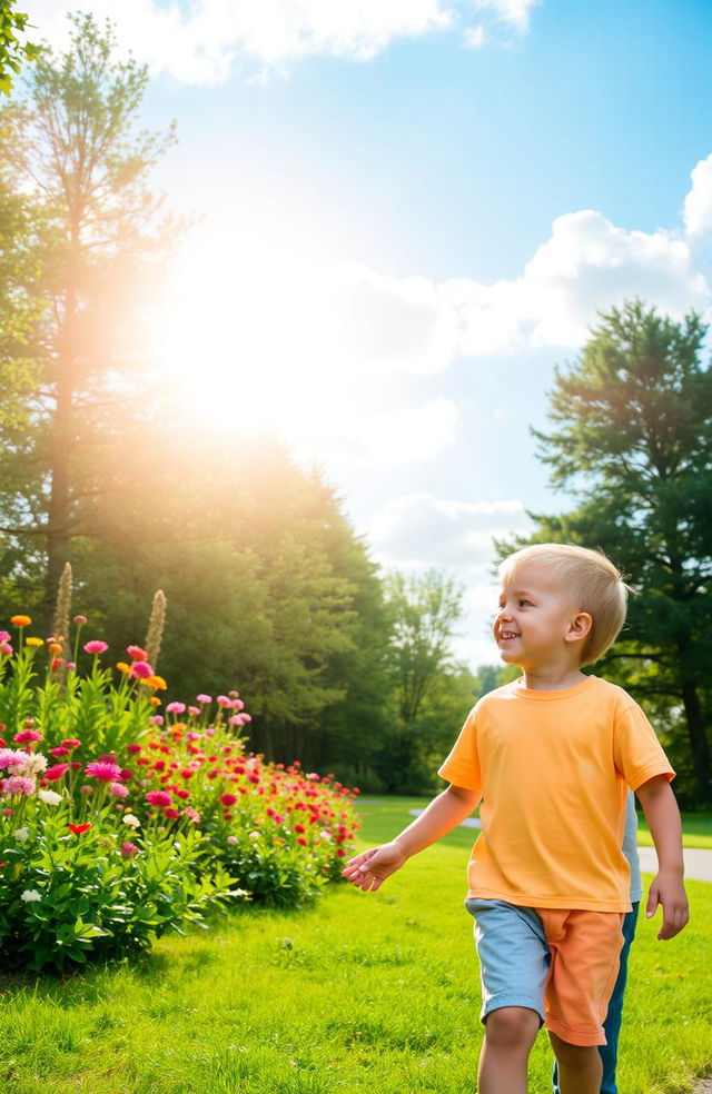 A heartwarming scene of a man and a young boy walking hand in hand through a lush green park