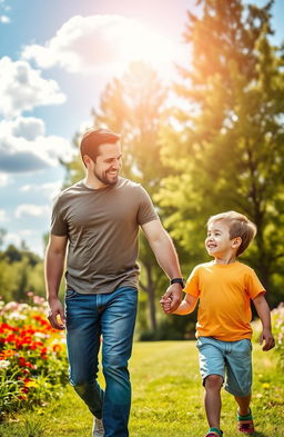 A heartwarming scene of a man and a young boy walking hand in hand through a lush green park