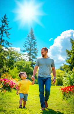 A heartwarming scene of a man and a young boy walking hand in hand through a lush green park