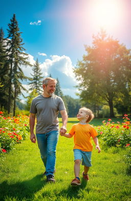 A heartwarming scene of a man and a young boy walking hand in hand through a lush green park
