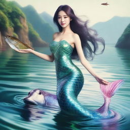 An angler surprisingly reeling in a catch of a lifetime - a captivating mermaid with strikingly beautiful Korean features, shimmering scales, and a graceful aquatic aura