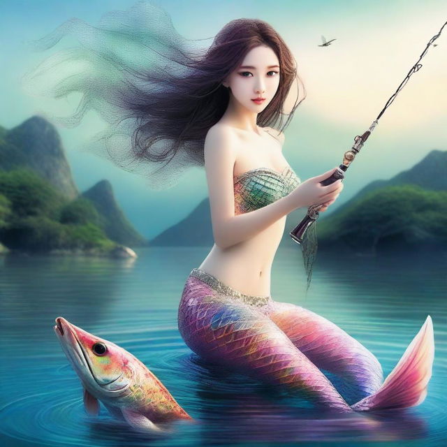 An angler surprisingly reeling in a catch of a lifetime - a captivating mermaid with strikingly beautiful Korean features, shimmering scales, and a graceful aquatic aura