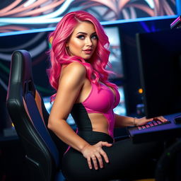 A sexy gamergirl with vibrant pink hair styled in playful waves, showcasing her curves with confidence
