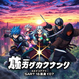 An epic anime opening scene featuring a dynamic ensemble of characters: a determined young warrior with spiky blue hair wearing a futuristic armor, an elegant sorceress with long flowing silver hair casting spells, a fierce female ninja clad in dark attire with a katana, a cheerful robot sidekick with cute, oversized eyes, a stoic but kind-hearted beastman with tribal markings, and a mysterious hooded figure with glowing eyes