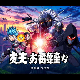 An epic anime opening scene featuring a dynamic ensemble of characters: a determined young warrior with spiky blue hair wearing a futuristic armor, an elegant sorceress with long flowing silver hair casting spells, a fierce female ninja clad in dark attire with a katana, a cheerful robot sidekick with cute, oversized eyes, a stoic but kind-hearted beastman with tribal markings, and a mysterious hooded figure with glowing eyes