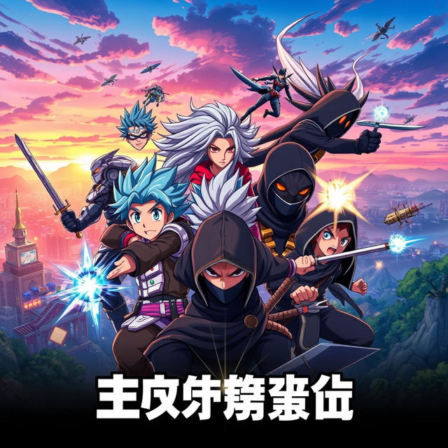 An epic anime opening scene featuring a dynamic ensemble of characters: a determined young warrior with spiky blue hair wearing a futuristic armor, an elegant sorceress with long flowing silver hair casting spells, a fierce female ninja clad in dark attire with a katana, a cheerful robot sidekick with cute, oversized eyes, a stoic but kind-hearted beastman with tribal markings, and a mysterious hooded figure with glowing eyes