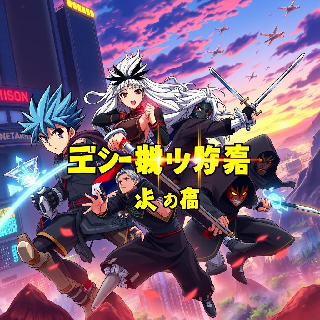 An epic anime opening scene featuring a dynamic ensemble of characters: a determined young warrior with spiky blue hair wearing a futuristic armor, an elegant sorceress with long flowing silver hair casting spells, a fierce female ninja clad in dark attire with a katana, a cheerful robot sidekick with cute, oversized eyes, a stoic but kind-hearted beastman with tribal markings, and a mysterious hooded figure with glowing eyes