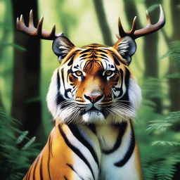 In hyper-realistic artistry, a powerful tiger bears majestic deer antlers