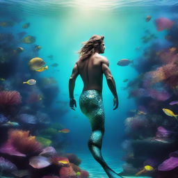 An adventurous individual is seen embarking on an unusual quest - hunting for the elusive mermaid, as the serene beauty of the underwater world surrounds him