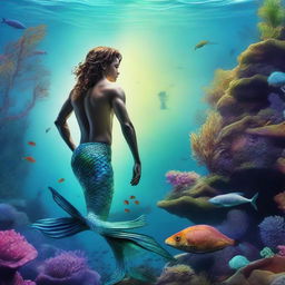 An adventurous individual is seen embarking on an unusual quest - hunting for the elusive mermaid, as the serene beauty of the underwater world surrounds him