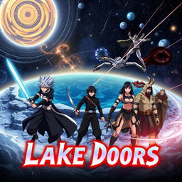 An intense anime opening for the show titled 'Lake Doors', set against a dramatic space background filled with swirling galaxies and shooting stars
