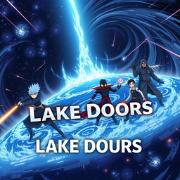 An intense anime opening for the show titled 'Lake Doors', set against a dramatic space background filled with swirling galaxies and shooting stars