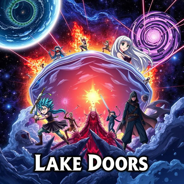 An intense anime opening for the show titled 'Lake Doors', set against a dramatic space background filled with swirling galaxies and shooting stars