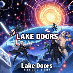 An intense anime opening for the show titled 'Lake Doors', set against a dramatic space background filled with swirling galaxies and shooting stars