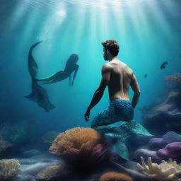 An adventurous individual is seen embarking on an unusual quest - hunting for the elusive mermaid, as the serene beauty of the underwater world surrounds him