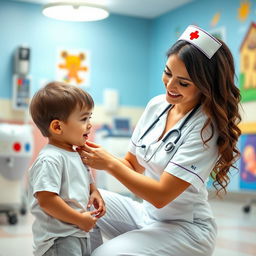 A beautiful nurse with a warm smile and big breasts, dressed in a classic white nursing uniform, gently assisting a young child in a hospital setting