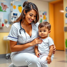A beautiful nurse with a warm smile and big breasts, dressed in a classic white nursing uniform, gently assisting a young child in a hospital setting