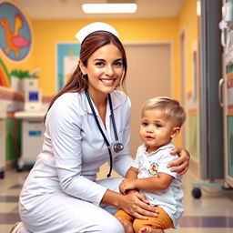 A beautiful nurse with a warm smile and big breasts, dressed in a classic white nursing uniform, gently assisting a young child in a hospital setting
