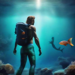 An adventurous individual is seen embarking on an unusual quest - hunting for the elusive mermaid, as the serene beauty of the underwater world surrounds him