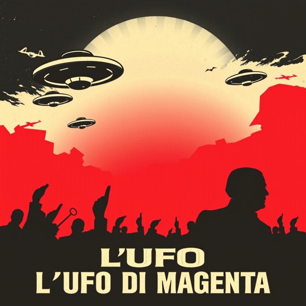 A dramatic book cover for 'L'UFO DI MAGENTA' featuring a totalitarian graphic style