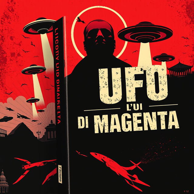 A dramatic book cover for 'L'UFO DI MAGENTA' featuring a totalitarian graphic style