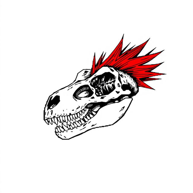 A minimalist pixel art depiction of a dinosaur skull, featuring intricate black and white sketch details