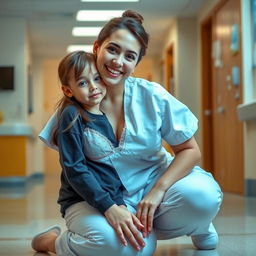 A beautiful nurse with a warm smile and big breasts, dressed in a professional white nursing uniform paired with a stylish yet subtle sexy bra that adds a touch of elegance