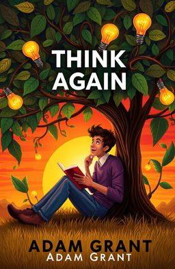 An artistic representation of the book 'Think Again' by Adam Grant, featuring a thoughtful individual sitting under a tree, surrounded by swirling leaves and lightbulbs symbolizing ideas and rethinking concepts