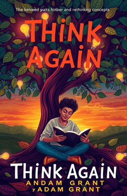 An artistic representation of the book 'Think Again' by Adam Grant, featuring a thoughtful individual sitting under a tree, surrounded by swirling leaves and lightbulbs symbolizing ideas and rethinking concepts